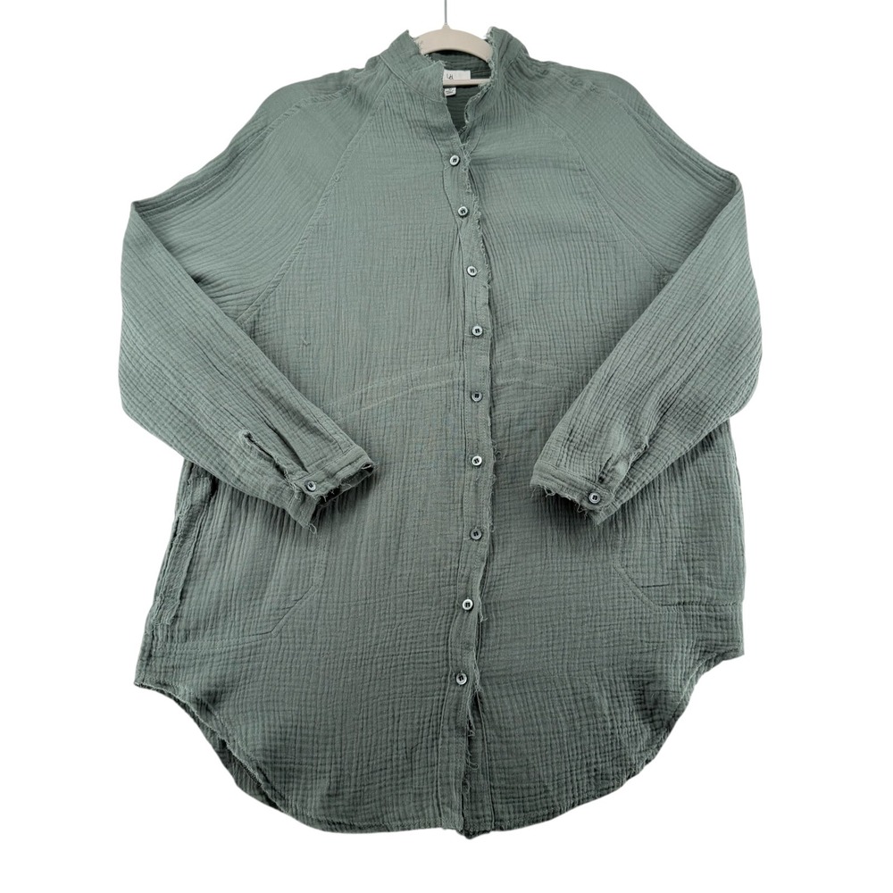 Urban Daizy Gauze 100% Cotton Button Down Tunic Shirt Womens Medium Sage Pockets